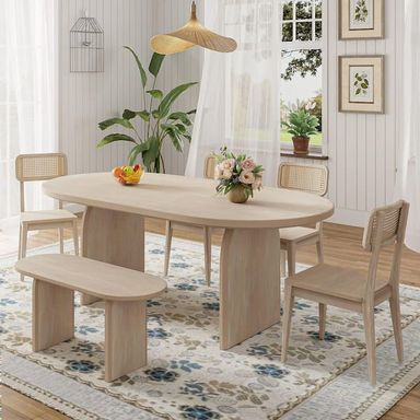 Spruce & Spring Eden 6-Piece Oval Natural Wood Top Dining Table Set Seats 6 with Bench and 4 Dining Chairs Modern Style Dining Room Set HDDJDTS71AAN