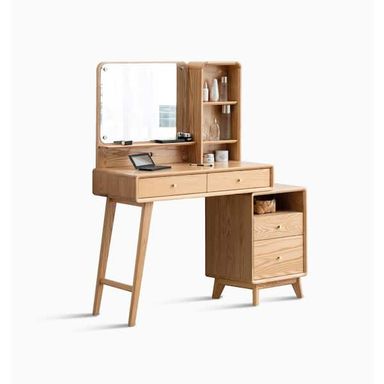 Harper & Bright Designs 2-Piece Natural Oak 100% Solid Wood Makeup Vanity Set with Mirror, Stool (No Assembly Required), 4-Drawer, Shelves GCCPYWS00004