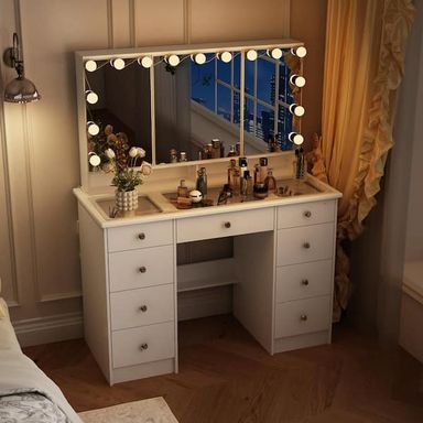 White Makeup Vanity Desk 9-Drawers Wood Dressing Table With 3 Mirrors, Glass Top, Hidden Storage Shelves, LED Bulb Light