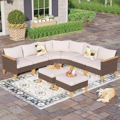 PHI VILLA Brown Rattan Wicker 8 Seat 8-Piece Steel Patio Outdoor Sectional Set with Beige Cushions DS8PV105020304