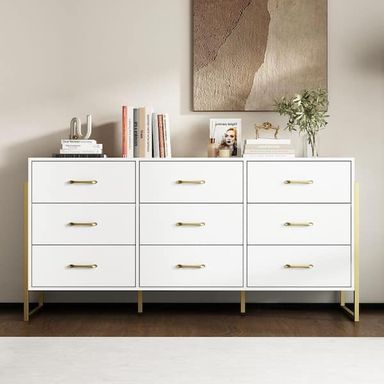 FUFU&GAGA White & Golden 9-Drawers 61.4 in. Width Wooden Chest of Drawers, Dresser, Storage Cabinet for Living Room, Bedroom L-THD-200241-02