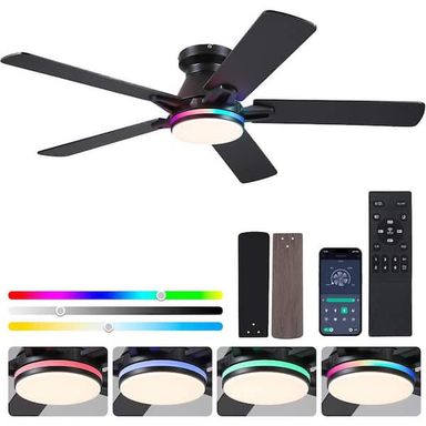 Kviflon 52 in. Indoor/Outdoor Modern Black 6-Speed Ceiling Fan with RGB Color LED Light and Remote/APP Control YT-8232-52BRGB