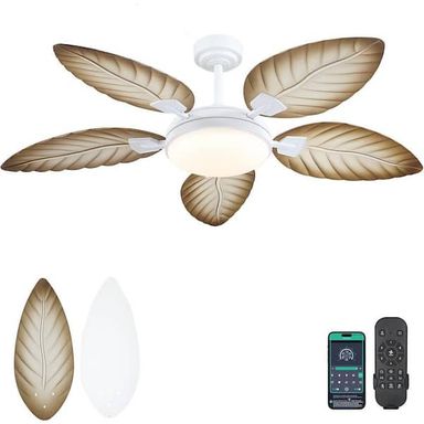 Kviflon 52 in. Indoor/Outdoor White 5 Palm Leaf Shaped Blades Ceiling Fan with Dimmable LED Light and Remote/APP Control YT-8909-52BJ-QW
