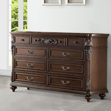 Benjara 17 in. Brown 9 Drawers Dresser with Molded Details and Metal Handle BM232910