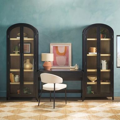Walker Edison Furniture Company 3-Piece Modern 38 in. Waterfall Black Writing Desk with Curved Pull Drawers and 2 76 in. Glass Door Bookcases HD10142 - The Home Depot