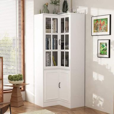 FUFU&GAGA 78.9 in. Tall 5-Shelf White Wood Corner Standard Bookcase with Adjustable Shelves, Tempered Glass Doors, Cabinet KF020489-012