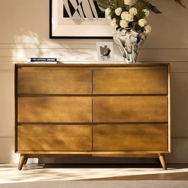 JAYDEN CREATION Gentile Acorn 52 in. Midcentury 6-Drawer Dresser with Solid Wood Legs DSJE1064-ACR-AB