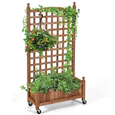 Costway 50 in. Wood Planter Box with Trellis Mobile Raised Bed for Climbing Plant J9D3703