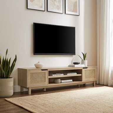 Walker Edison Furniture Company 70 in. Coastal Oak Wood Modern TV Stand with 2 Faux Rattan Doors Fits TVs up to 80 in. HD9715 - The Home Depot