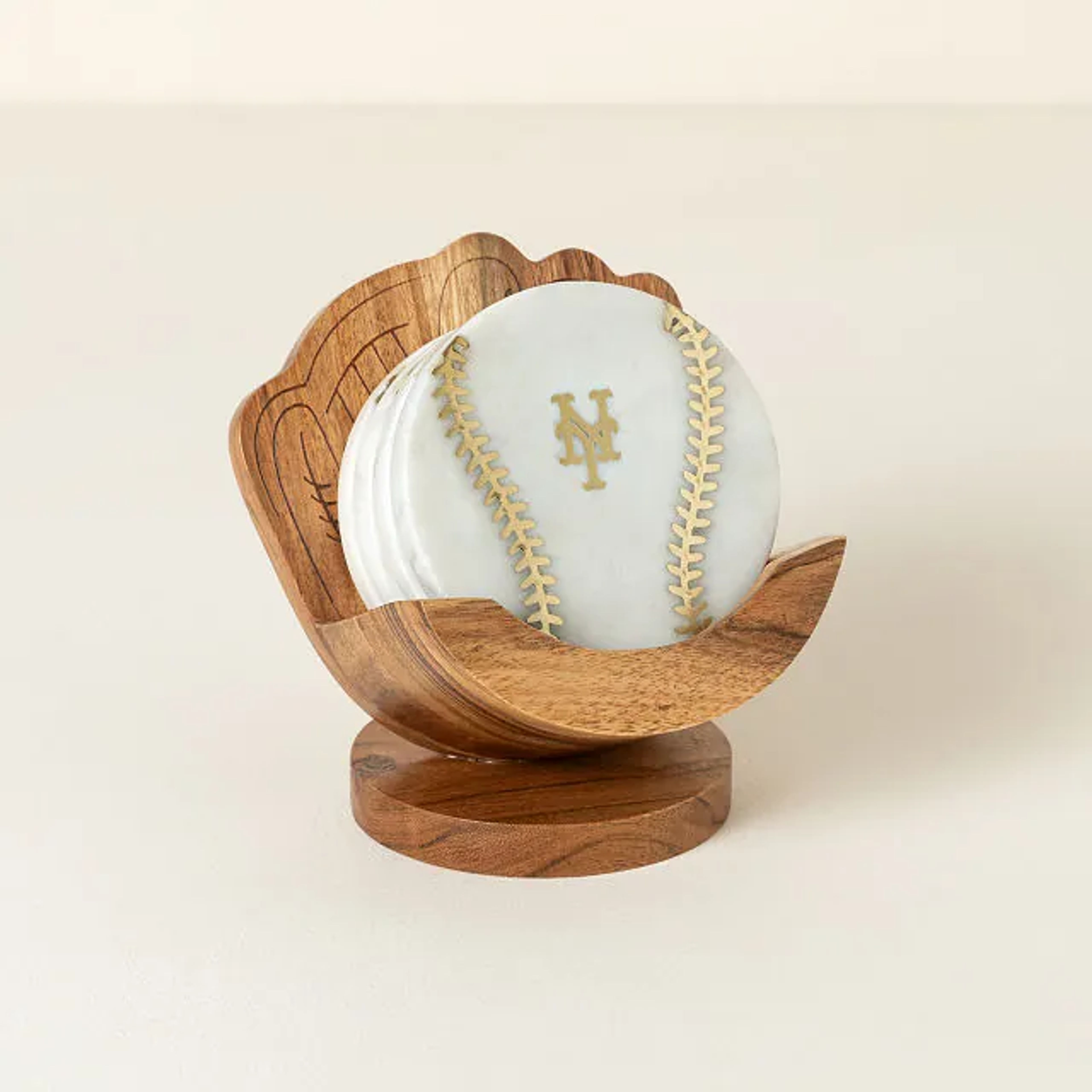 Official New York Mets Marble Baseball Coasters with Glove Holder