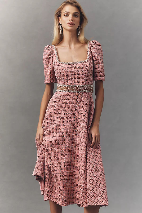 Ieena for Mac Duggal Tweed Square-Neck Midi Dress