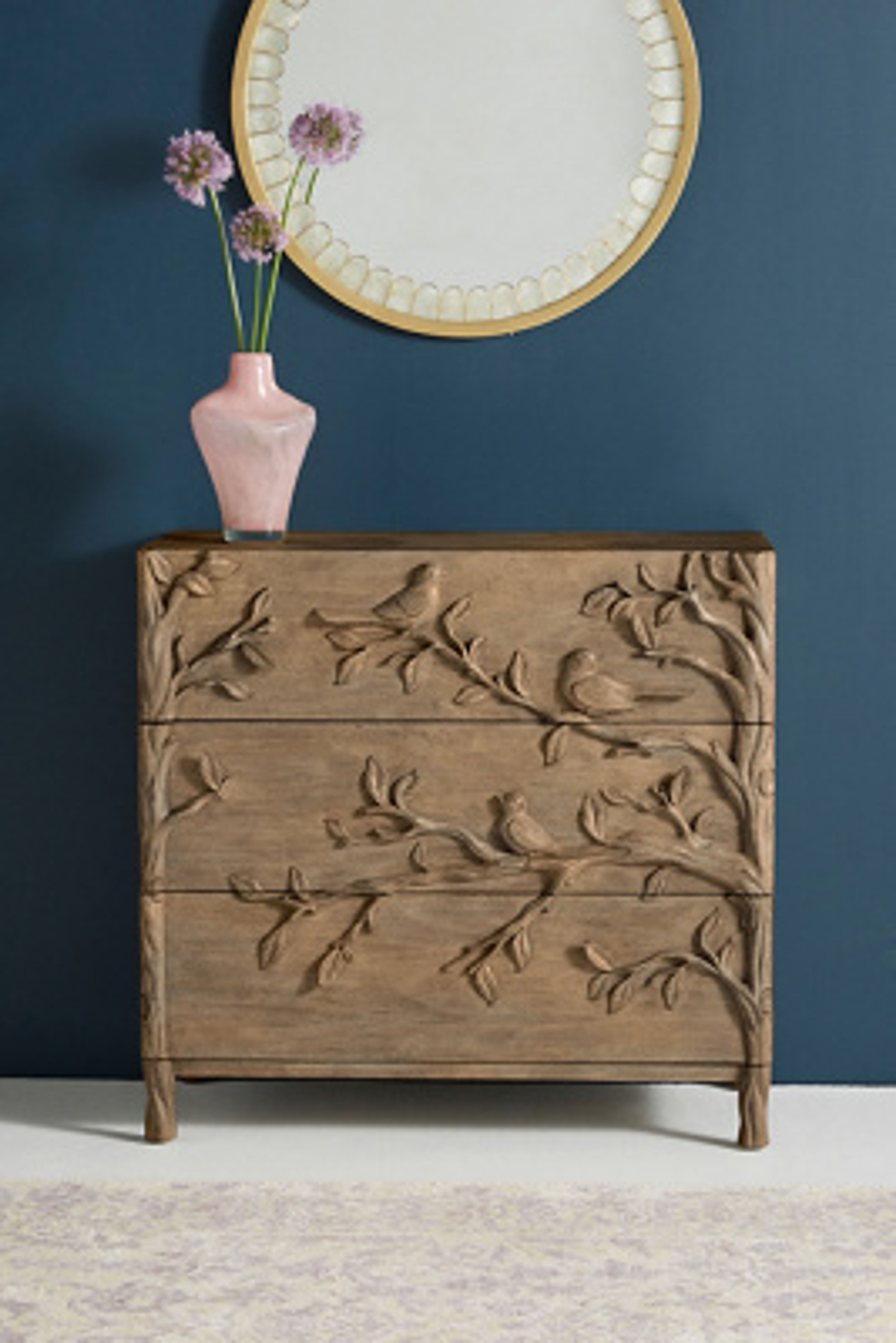 Handcarved Ornithology 3-Drawer Dresser - Romantic Treetop Design