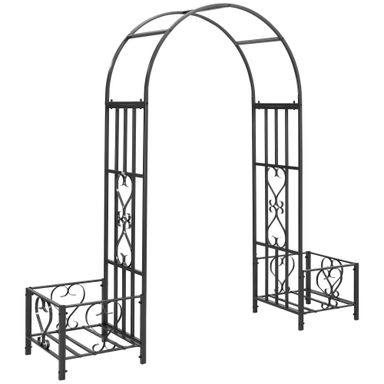 Outsunny 6.7&#39; Steel Garden Arch Arbor with Scrollwork Hearts, Planter Boxes for Climbing Vines, Ceremony, Weddings, Party, Backyard, Lawn, Dark Gray