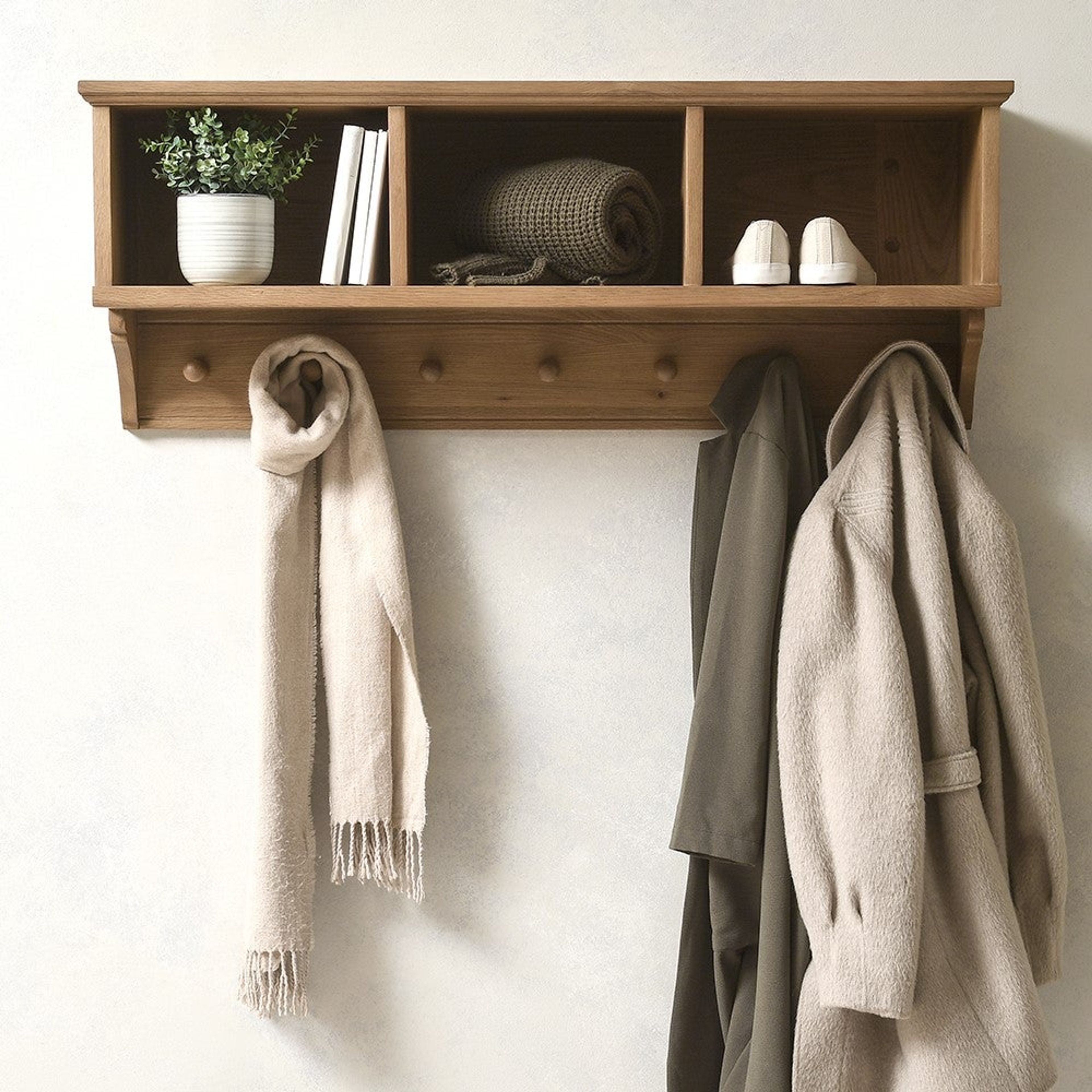 Elkstone Mellow Oak Hallway Hooks with Storage | Entryway Organizer
