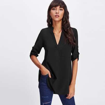 Roll Tab Sleeve Curved Hem Longline Top