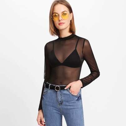 Sheer Mesh Mock Neck Top, Going Out Top