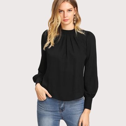 Button Cuff Gathered Neck Top Winter Elegant Black Spring
