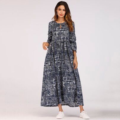 Mixed Print Keyhole Front Smock Dress Fall Cloth For Women