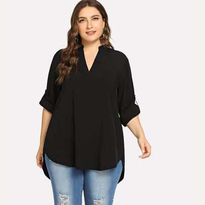 Plus Dip Hem Solid Blouse Fall Cloth For Women