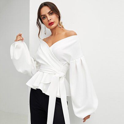 Lantern Sleeve Surplice Belted Peplum Off The Shoulder Blouse,Long Sleeve Tops