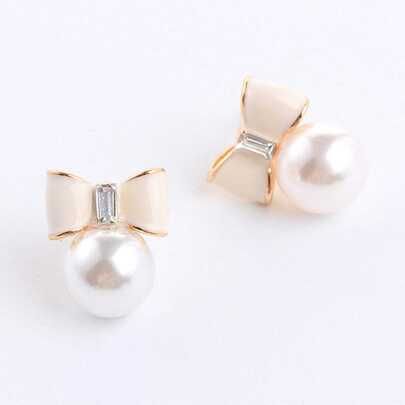 Bow Detail Faux Pearl Stud Earrings 1pair Valentines