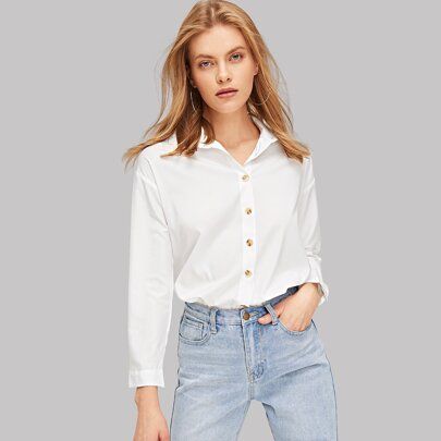 Solid Button Up Curved Hem Shirt,Long Sleeve Tops Fall Cloth For Women