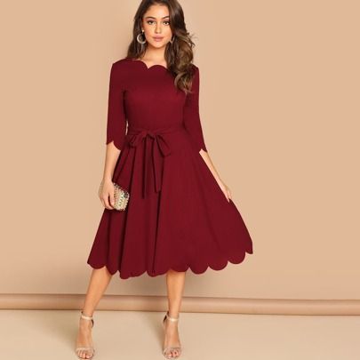 Scallop Trim Fit & Flare Dress With Belt Red Dress Spring Break Outfits Summer Valentine's Day Dress  Wedding Guest Dress For Women Summer
