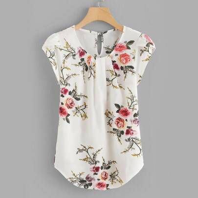 Floral Print Pleated Cap Sleeve Top