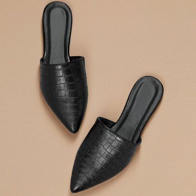 Crocodile Embossed Pointed Toe Flat Slide Mules For Christmas Valentine's Day