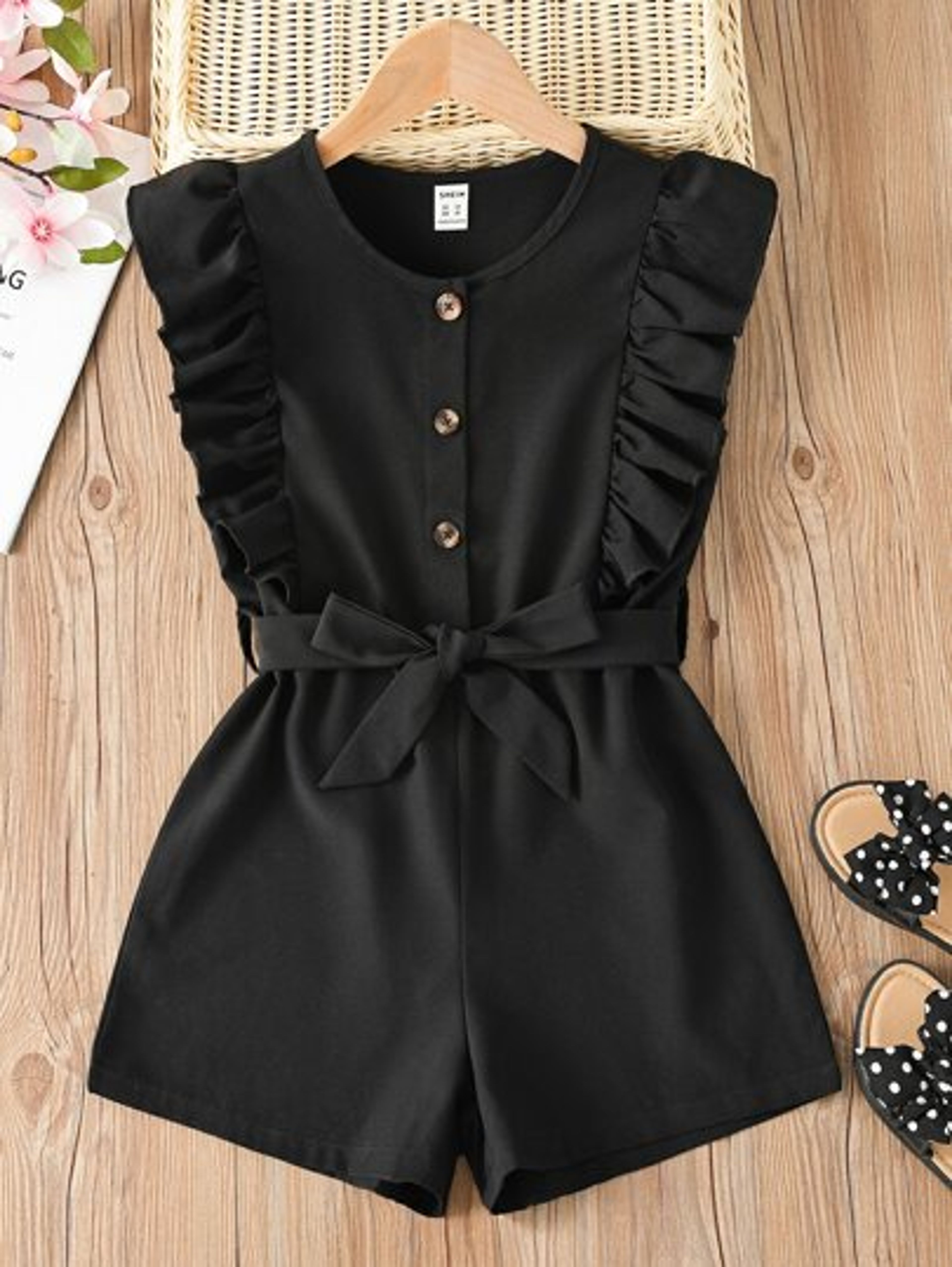 Cute Tween Girl Ruffle Trim Belted Button Front Romper