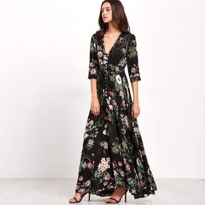 Smocked Waist Button Through Floral Maxi Dress