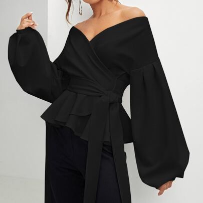 Off Shoulder Lantern Sleeve Wrap Belted Blouse