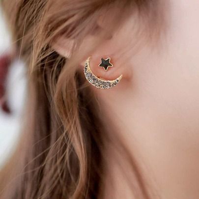 Moon & Star Design Rhinestone Stud Earrings 1pair
