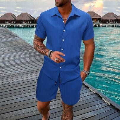 2pcs/Set Men's Solid Color Short Sleeve Shirt And Shorts, Holiday