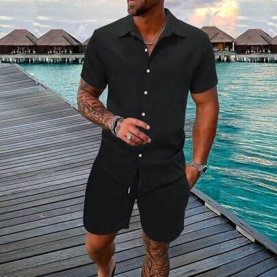 Men Solid Shirt & Drawstring Waist Shorts Without Tee, Holiday Holiday