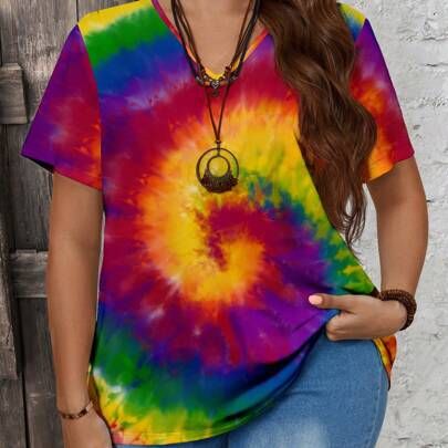 Casual Tie-Dye Round Neck Short Sleeve Plus Size Women's T-Shirt, Summer,Spring/Vacation