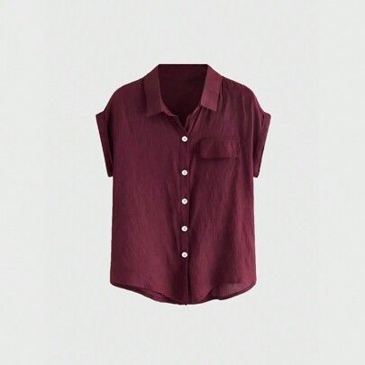 Rolled Cuff Button Front Shirt Button Up Shirt, School,Short Sleeve Tops
