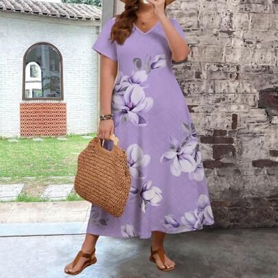Plus Size Women Floral Print Long Fitted Casual Dress, Summer