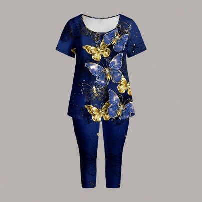 Summer Casual Butterfly Print Round Neck Short Sleeve Top And Capri Pants 2Pcs Set For Plus Size Women,Flower/Vacation/Spring