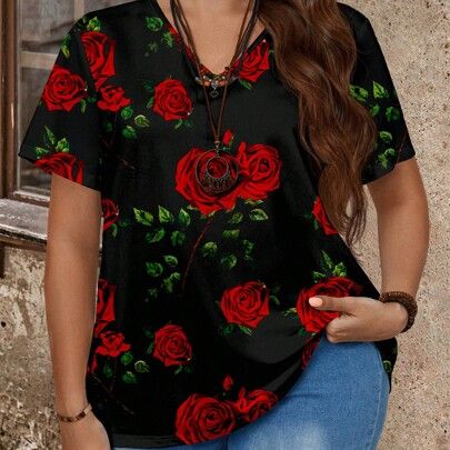 Summer Casual V-Neck Short Sleeve Fitted Plus Size Women's T-Shirt With Rose Pattern