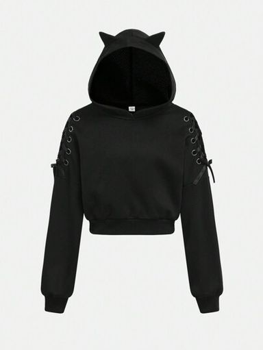 SHEIN Girlism Tween Girl Halloween Stylish Street Black Cat Ear Hooded Long Sleeve Drawstring Pullover Sweatshirt, Autumn/Winter