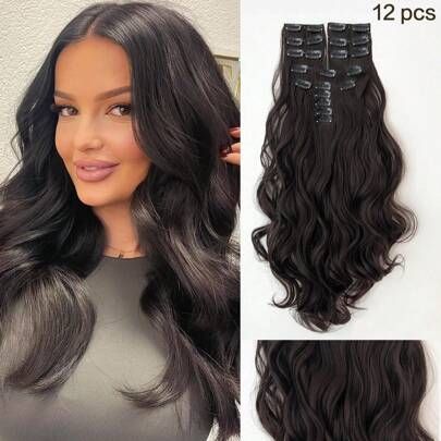 22pcs Clip-In Hair Extensions, 12pcs Wavy Synthetic Hair Wefts, 22 Inches Long, Brown Color, Heat Resistant Fiber, Suitable For Women To Wear For Part