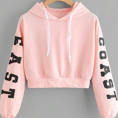 Women's Pink East Coast Graphic Cropped Drawstring Hoodie