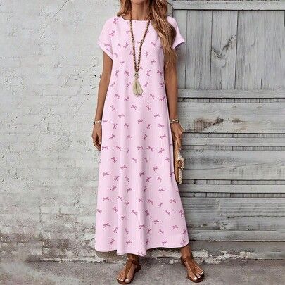 Plus Size Women Summer Casual Vacation Country Striped & Bow Print Round Neck Short Sleeve Pink Long Dress, Country Concert Outfit, Festival Outfits F