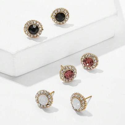 6pcs Mixed Color Crystal Stud Earrings, Colorful Earrings For Casual Daily Wear And Party Accessories