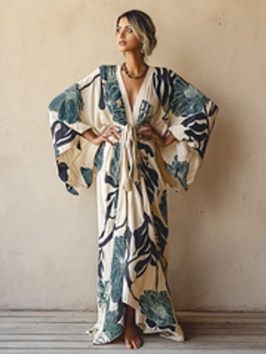 Women's Blue Floral Kimono Linen Robe (Including Belt)