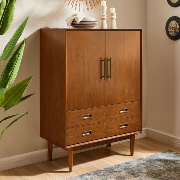 Kaden 33" Wood Bar Cabinet Mid Century Modern Style with Four Storage Drawers and Tapered Legs