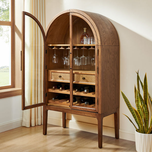 Valborg 36"Arch Glass Door Wooden Bar Cabinet - Brown Oak Bar Storage for Home Bar