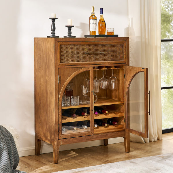 Valborg 36" Modern Wood Liquor Cabinet with Arched Glass Doors, Top Drawer & Wine Storage
