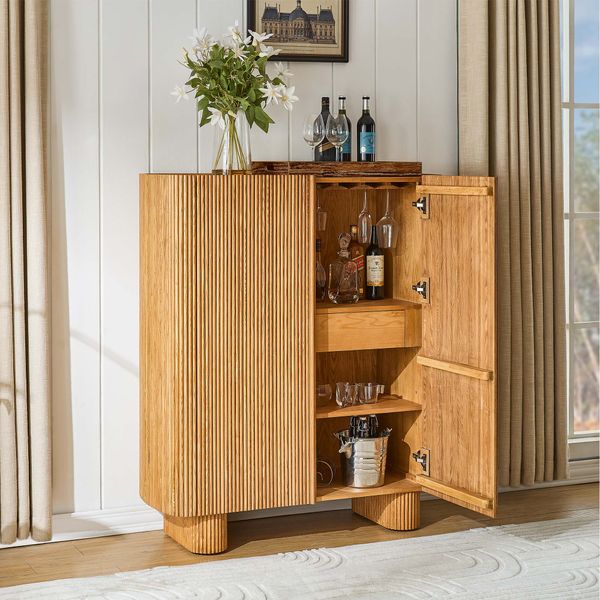Marisol 47" Natural Fluted Solid Oak Bar Cabinet - Wooden Dining Storage Cabinet with Wine Racks